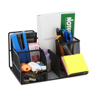 TOROTON Mesh Office Supply Caddy with Drawer, Metal Desk Organizer Storage Rack, Pen/Pencil Holder and Smartphone Holder - Black